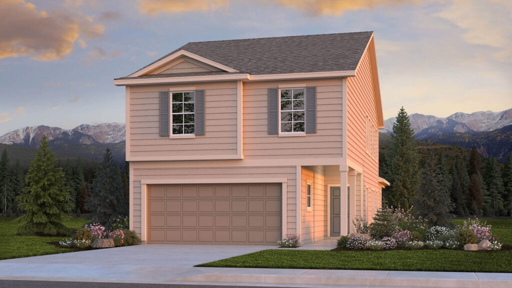 Simple two-story house with horizontal siding, double garage, and warm sunset lighting.