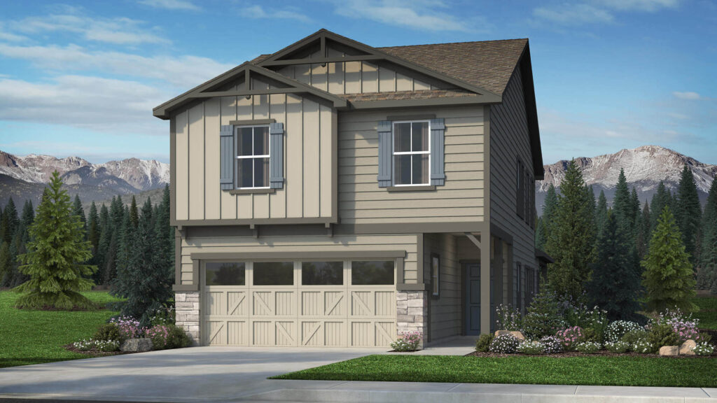 Two-story craftsman-style house with board-and-batten upper facade and carriage-style garage door.