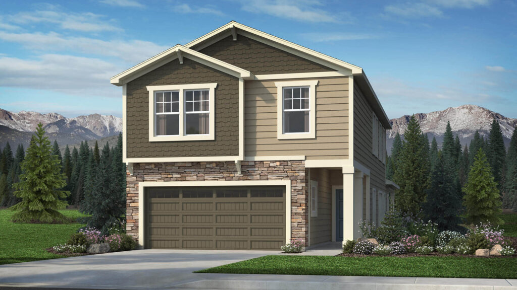 Two‑story rendered house exterior with front garage, stone accents, and mountain backdrop.