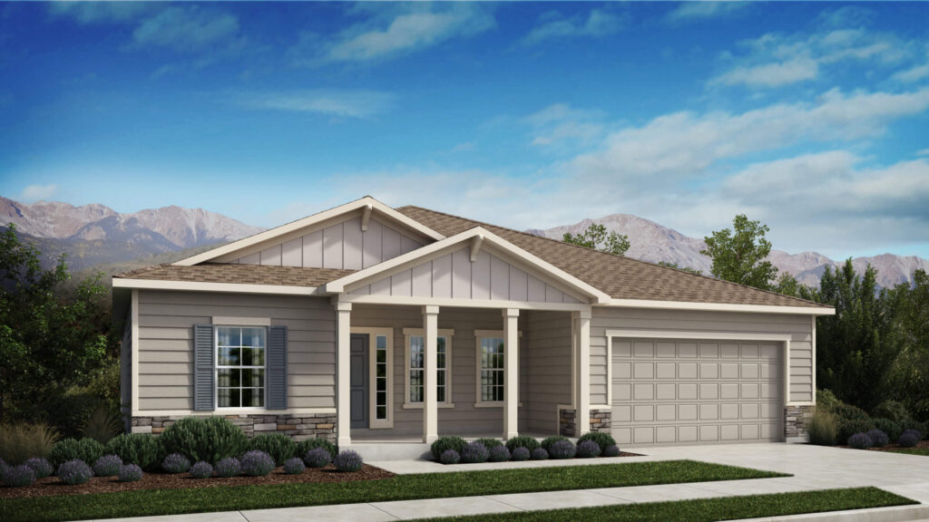 Single-story rendered house with covered front porch, two columns, and attached two-car garage.
