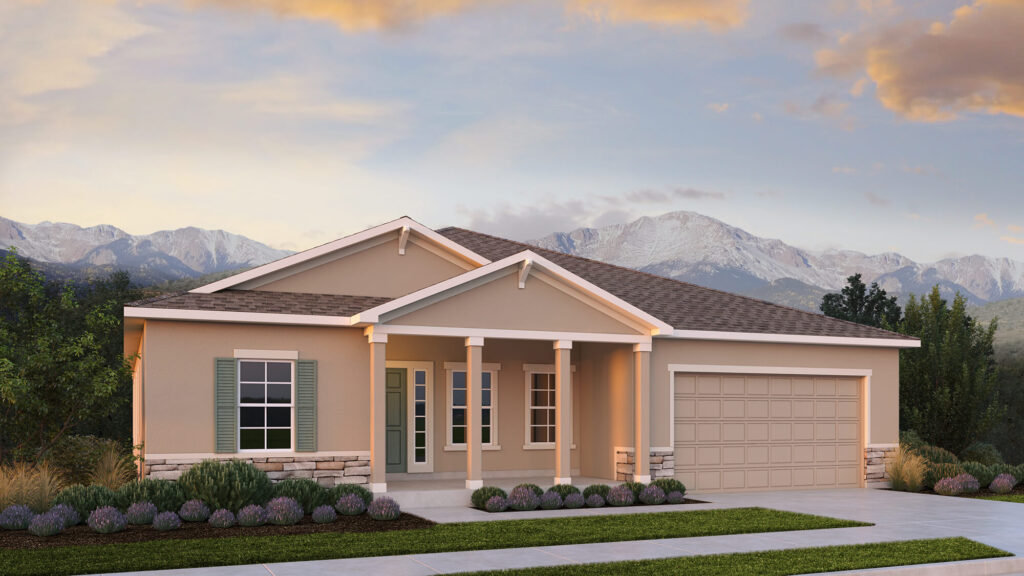Rendered single-story home with covered porch, shuttered window, and two-car garage at sunset.