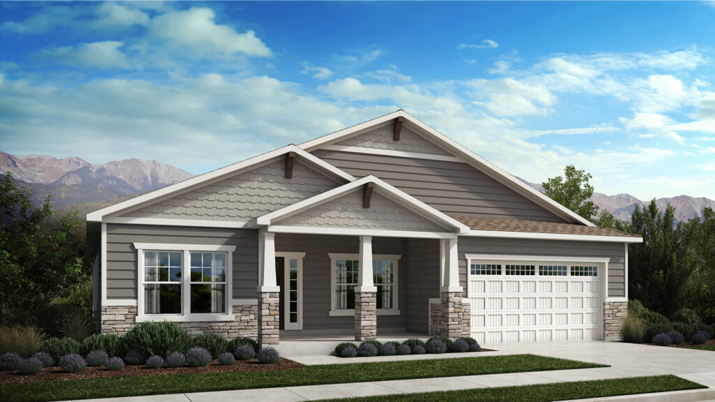Single-story gray house exterior with covered front porch, stone accents and attached two-car garage.