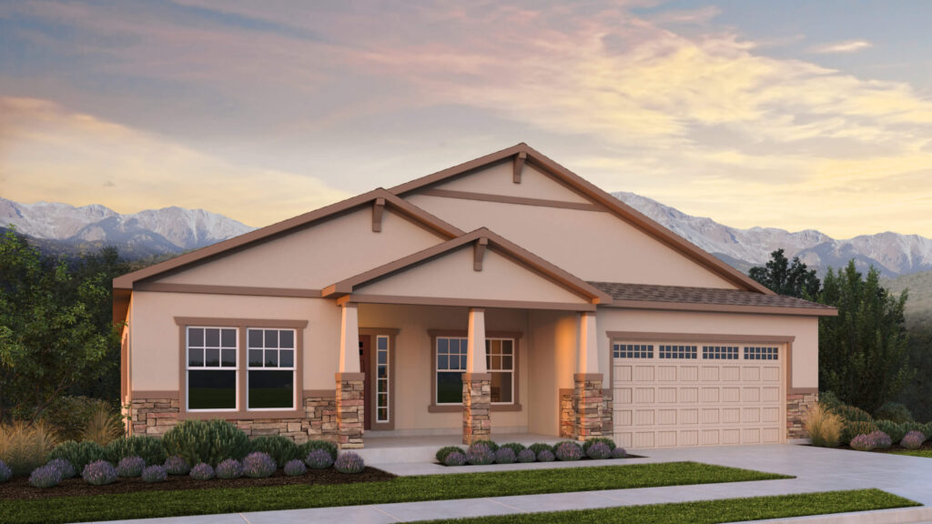 Single-story beige house exterior at sunset with covered porch, stone column bases and two-car garage.