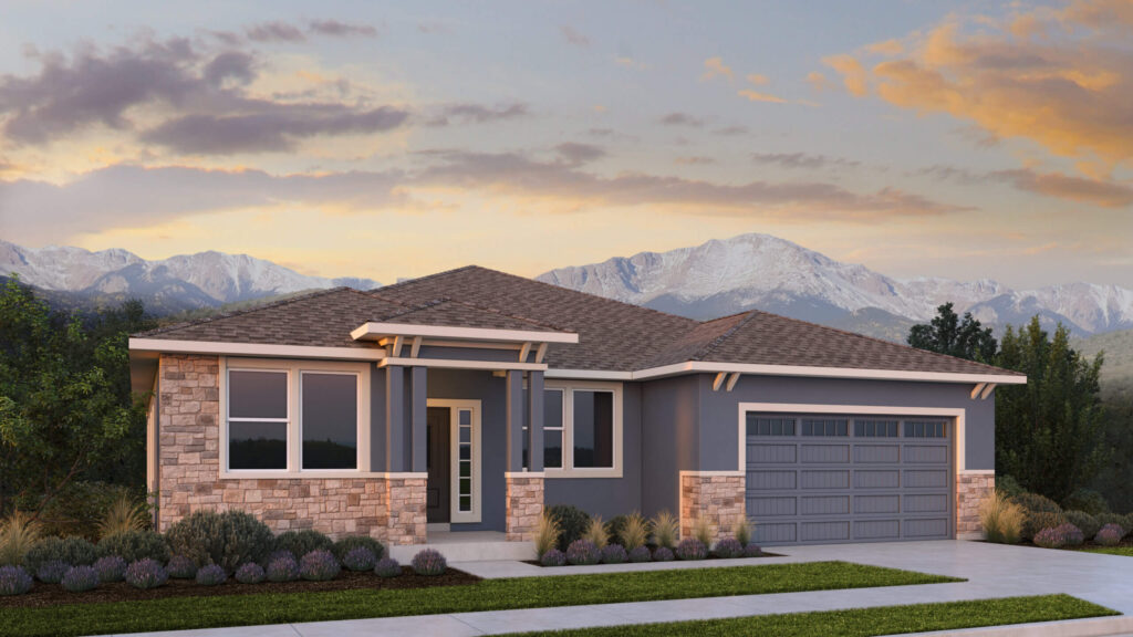 Rendered ranch-style house with stone wainscot, broad eaves, covered entry, and two-car garage.