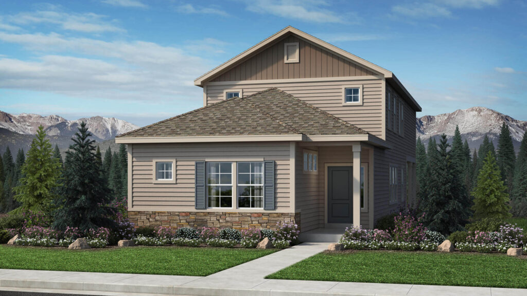 Exterior architectural rendering of a two-story house with stone accent, shutters and landscaping.