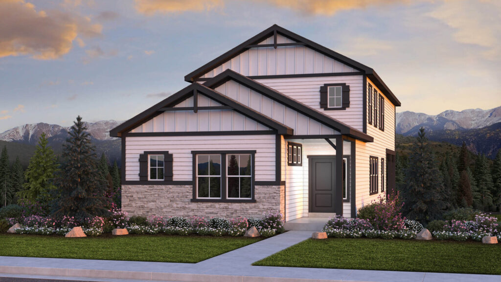 Exterior architectural rendering of a two-story farmhouse-style home with gabled roof and stone foundation.