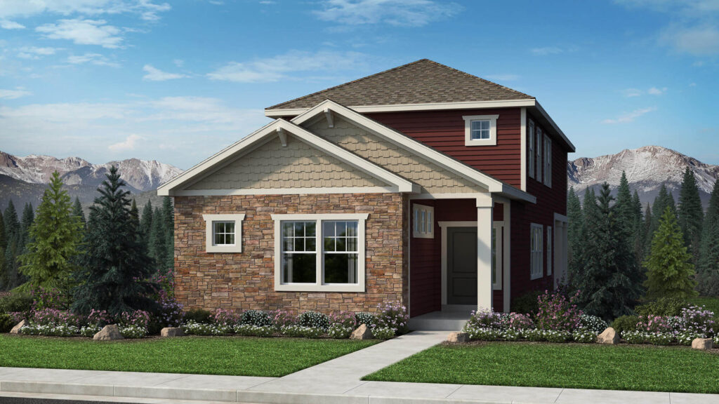 Two-story detached house with stone front and red siding, gabled roof and small covered entry.