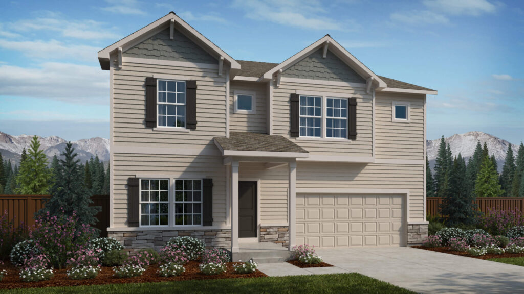 Architectural rendering of a two-story light-gray house with front porch and attached garage.