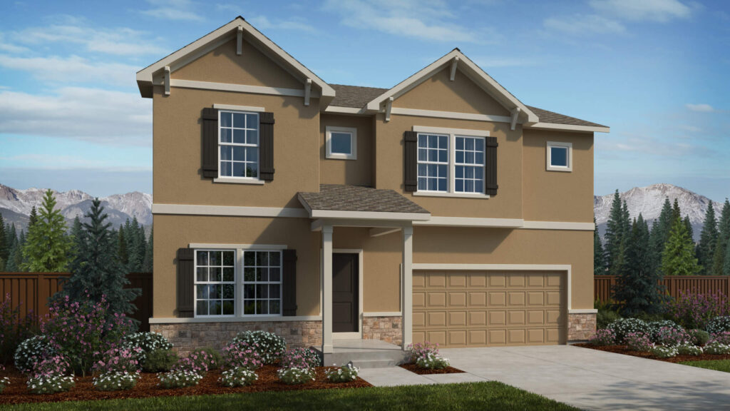 Architectural rendering of a two-story tan house with front porch, stone base, and attached garage.