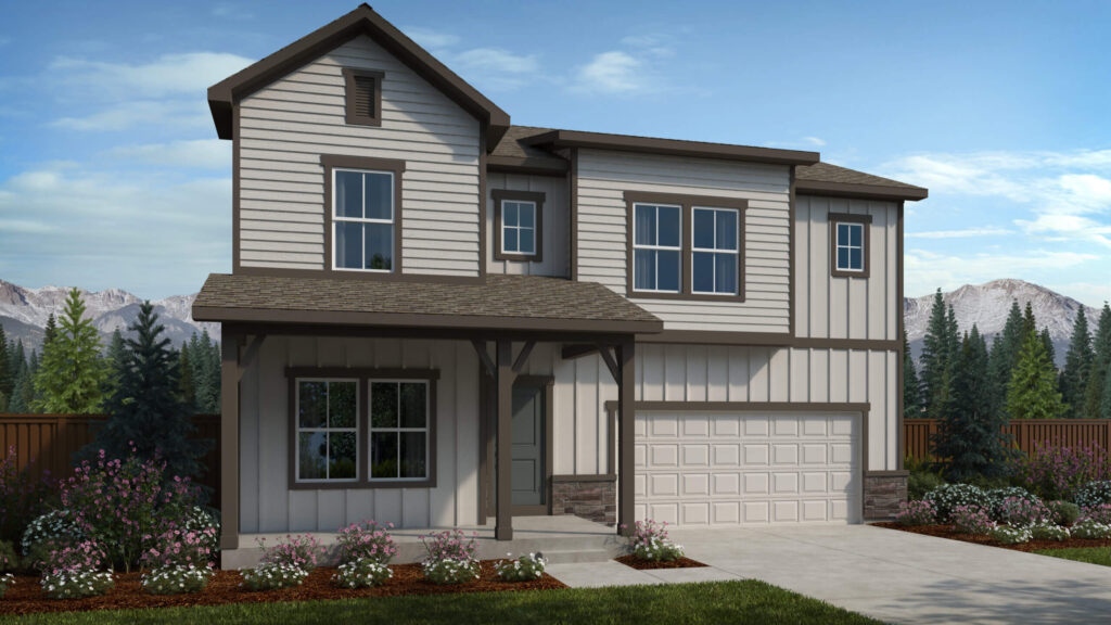Two-story house with covered front porch, double garage, and vertical siding accents.