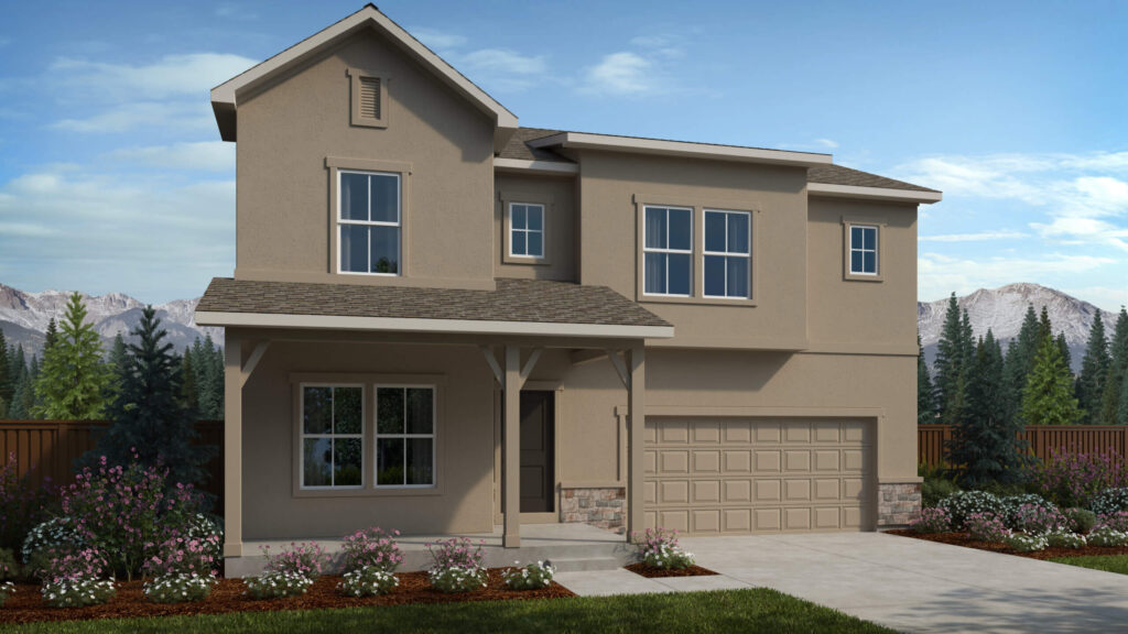 Two-story stucco house with covered porch, second-floor windows, and attached two-car garage.