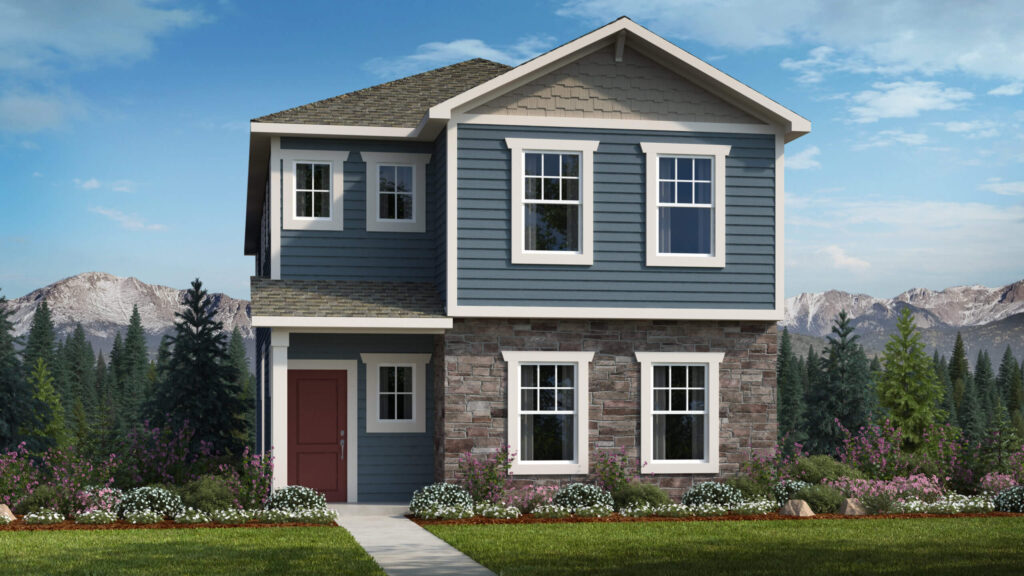 Two-story blue-gray house with stone lower facade, red front door, and landscaped yard.