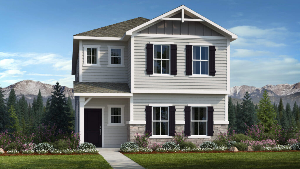 Two-story light gray house with shutters, covered porch and mountain scenery behind.