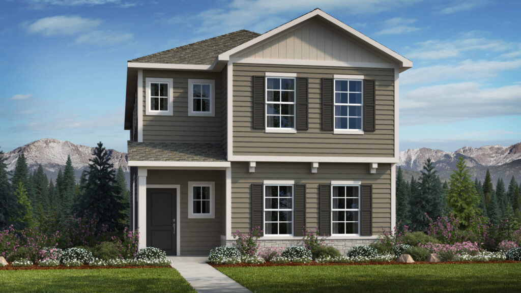Two-story gray house with front porch, four front windows, and mountain background.