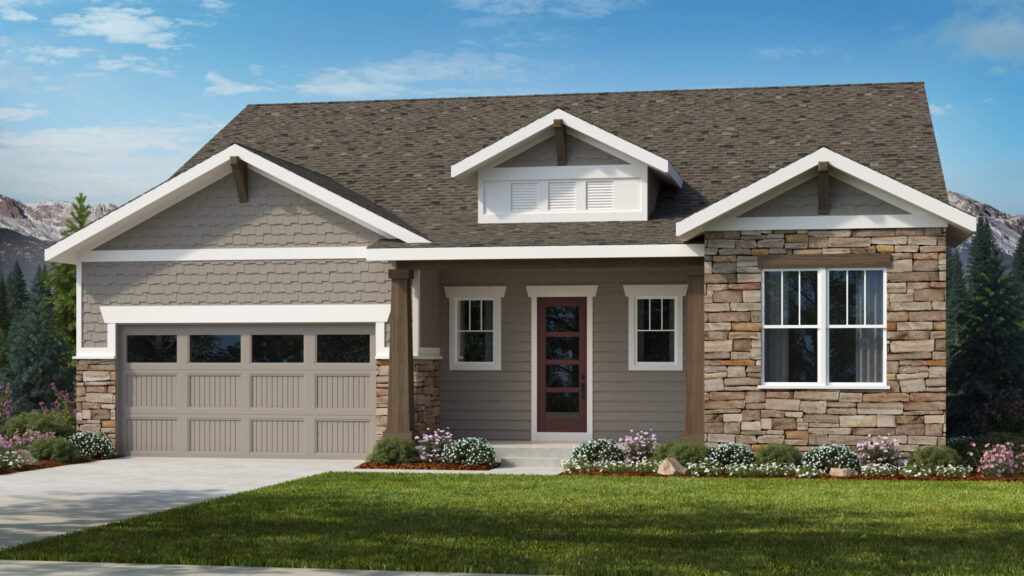 Front of a ranch-style home with mixed siding, stone accent wall, and central covered entry.