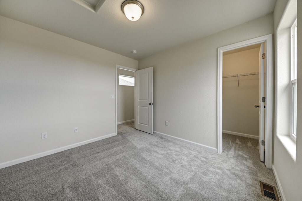 Empty bedroom view toward open doorway and walk-in closet, grey carpet and neutral walls.