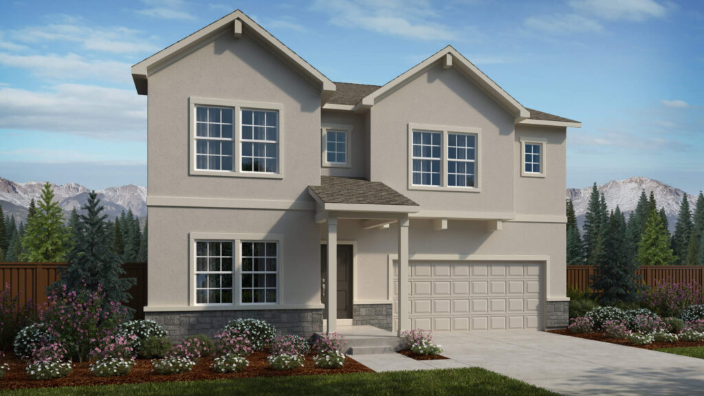 Two-story stucco house with double gables, attached garage and modest front landscaping.