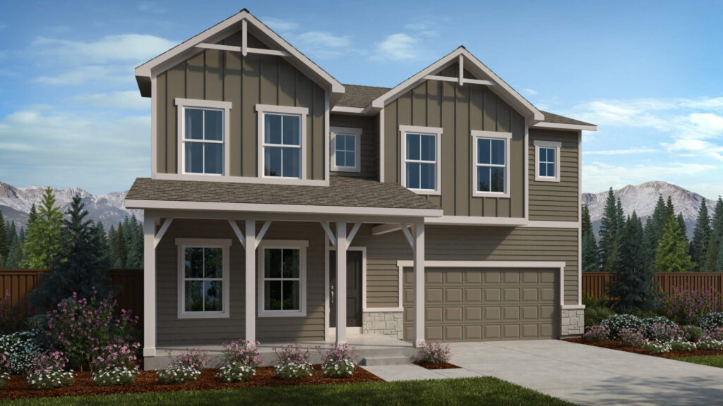 Two-story home with board-and-batten siding, covered porch supported by decorative posts and attached garage.