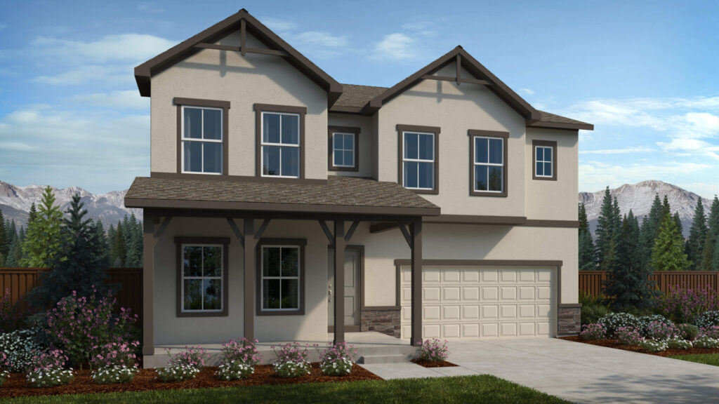 Two-story home with light stucco, dark trim, covered porch and two-car garage under twin gables.
