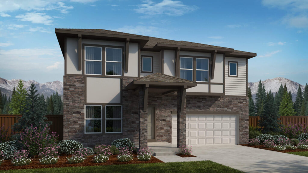 Two-story house with mixed stone and stucco facade, covered entry, and double garage.