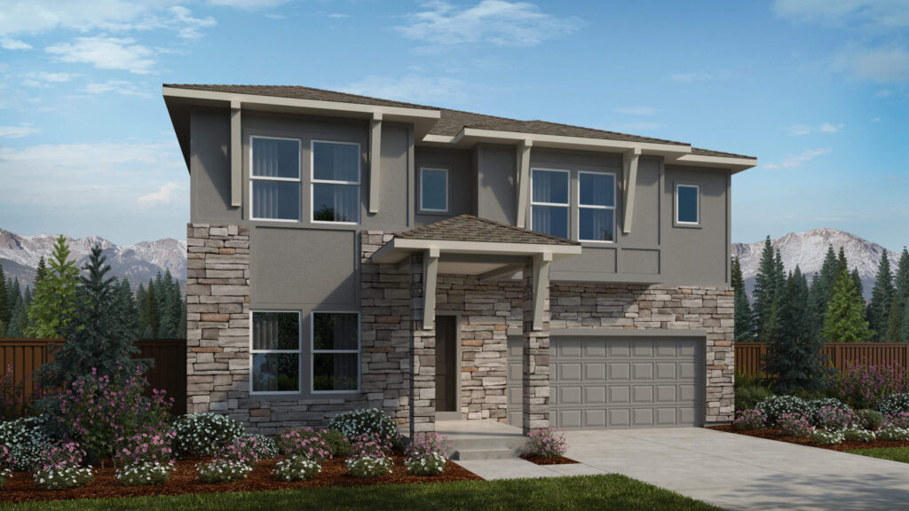 Two-story home rendering with stone accents, covered porch and attached two-car garage.