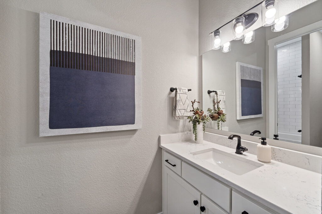 Bathroom vanity with white countertop, undermount sink, decorative artwork and mirror with lighting above.