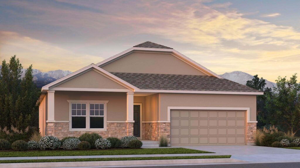 Rendered exterior of a single‑story house with covered porch, stone veneer base, and two‑car garage.