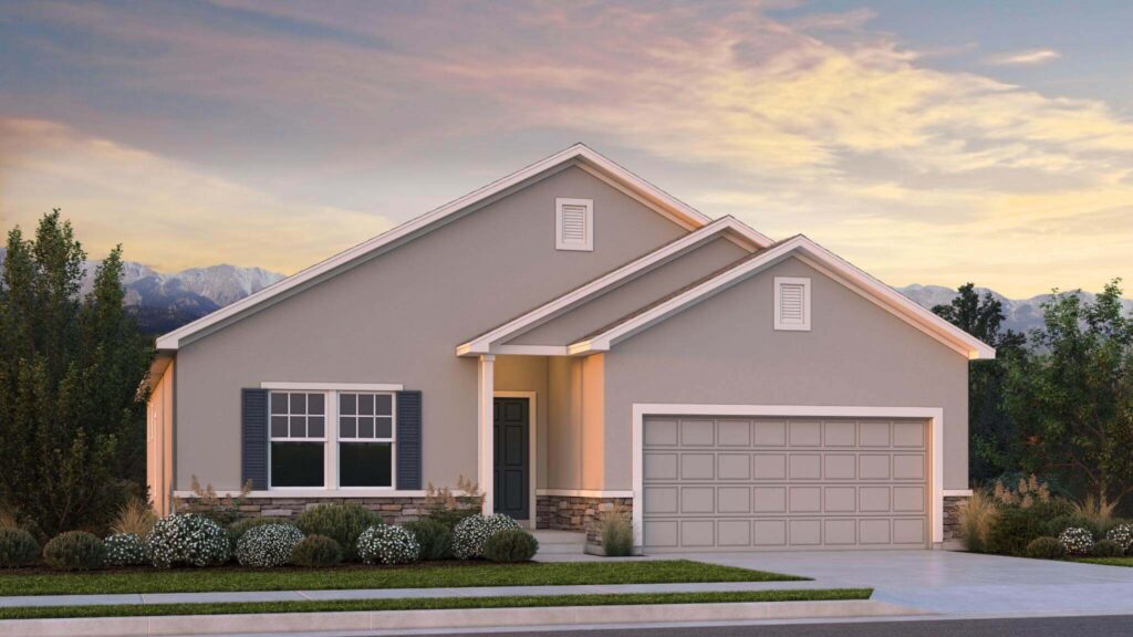Single-story light-gray house with gabled roof, shutters, and two-car garage at dusk.