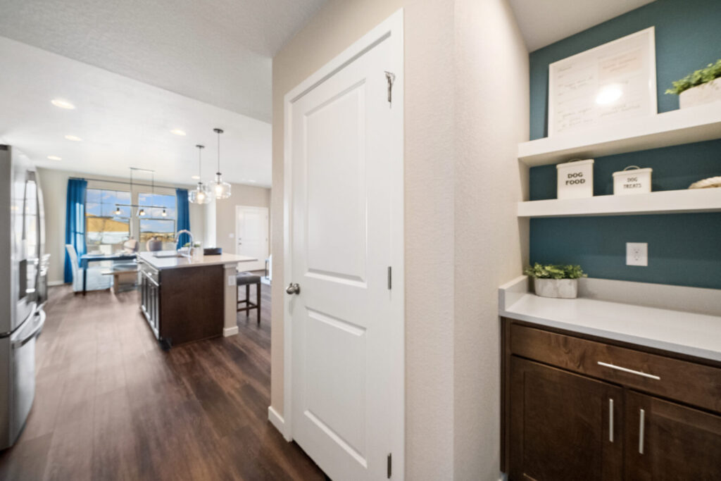 Open kitchen and entry hall with white door, dark wood floors, island, and built-in shelves.
