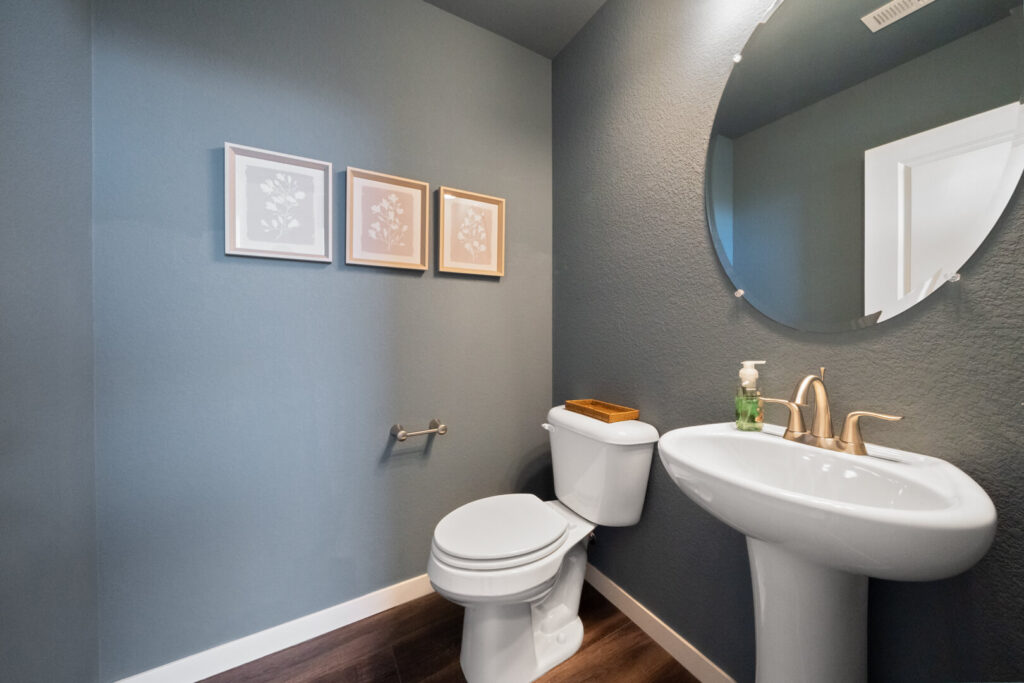Small powder room with pedestal sink, round mirror, and toilet against gray-blue walls.