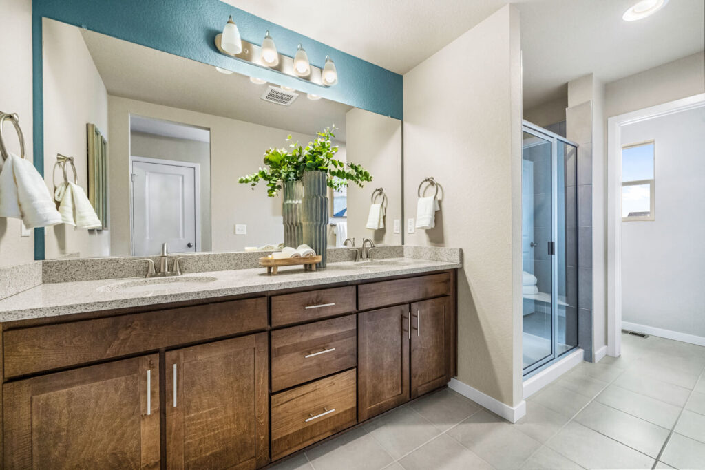 Double-sink bathroom vanity with large mirror, dark wood cabinets, and glass shower entrance.
