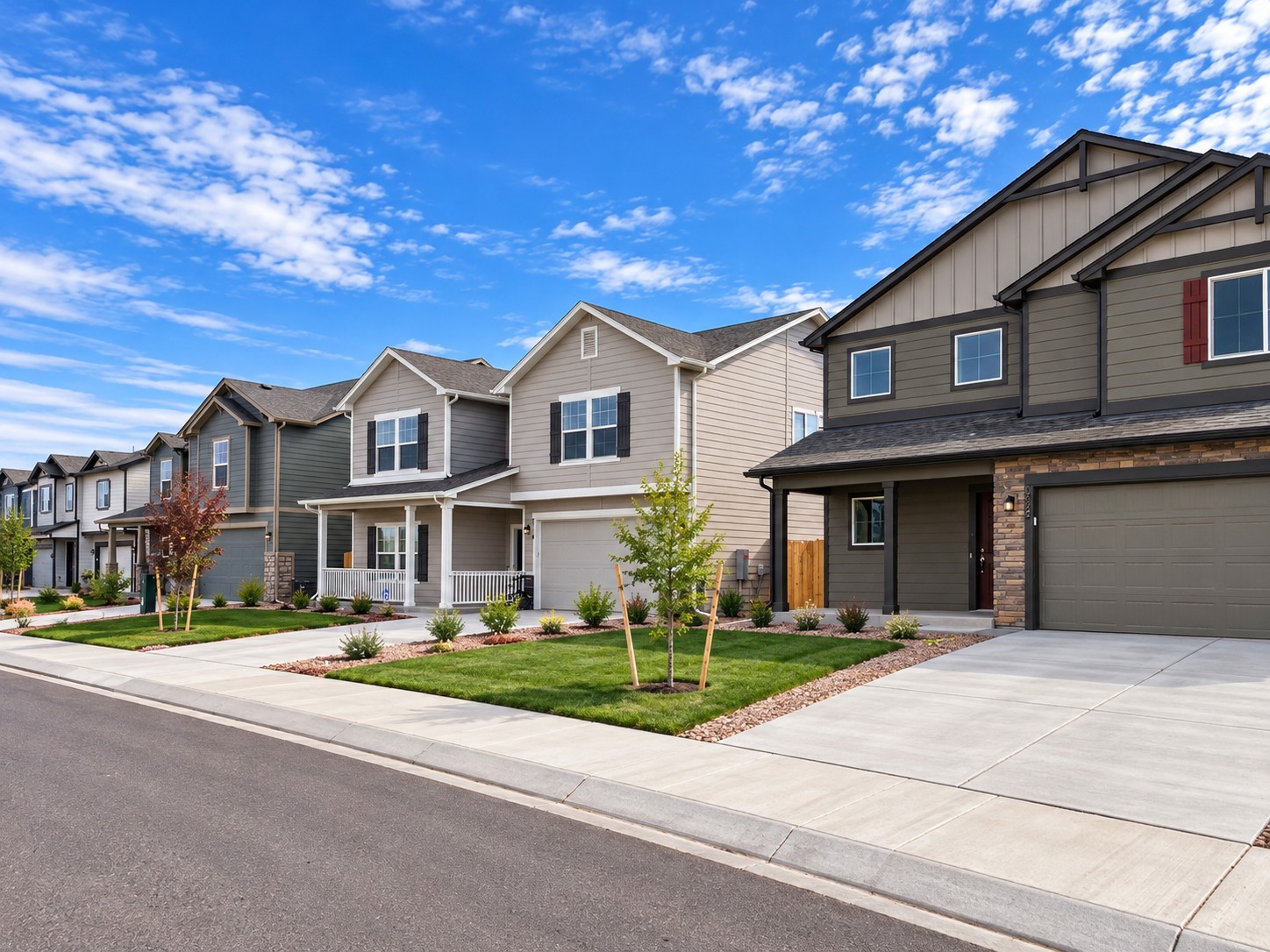 Street view of new two-story suburban houses with garages and small front lawns under blue sky.