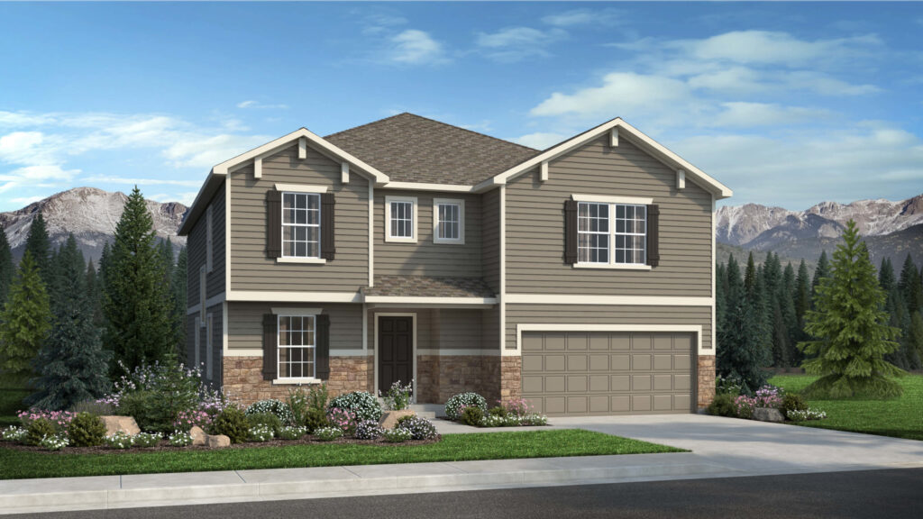 Large two-story beige house with attached two-car garage and stone accents.
