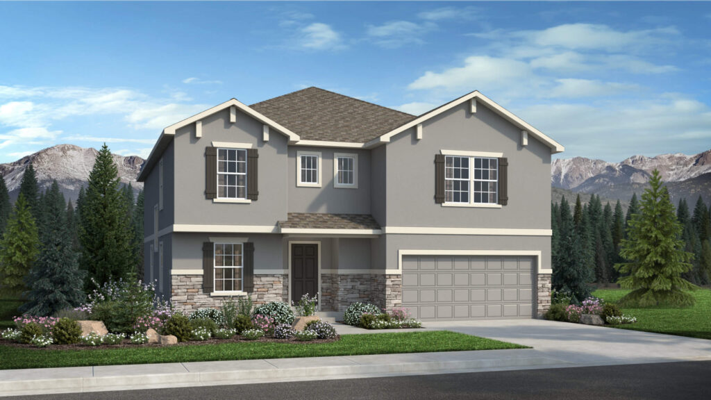 Two-story gray suburban house with stone accents and attached two-car garage under blue sky.