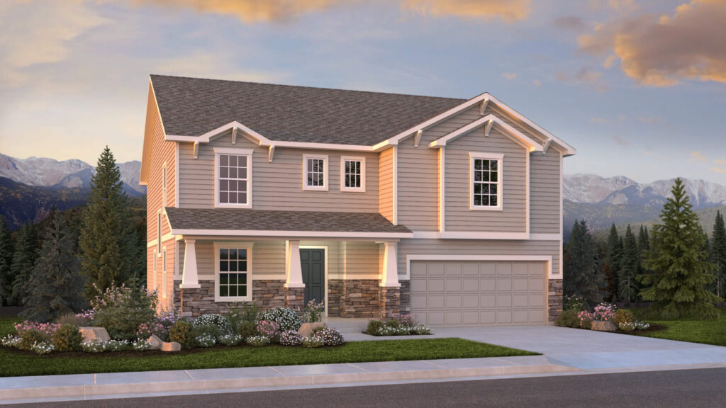 Two-story beige house with front porch pillars, stone base, and two-car garage at dusk.
