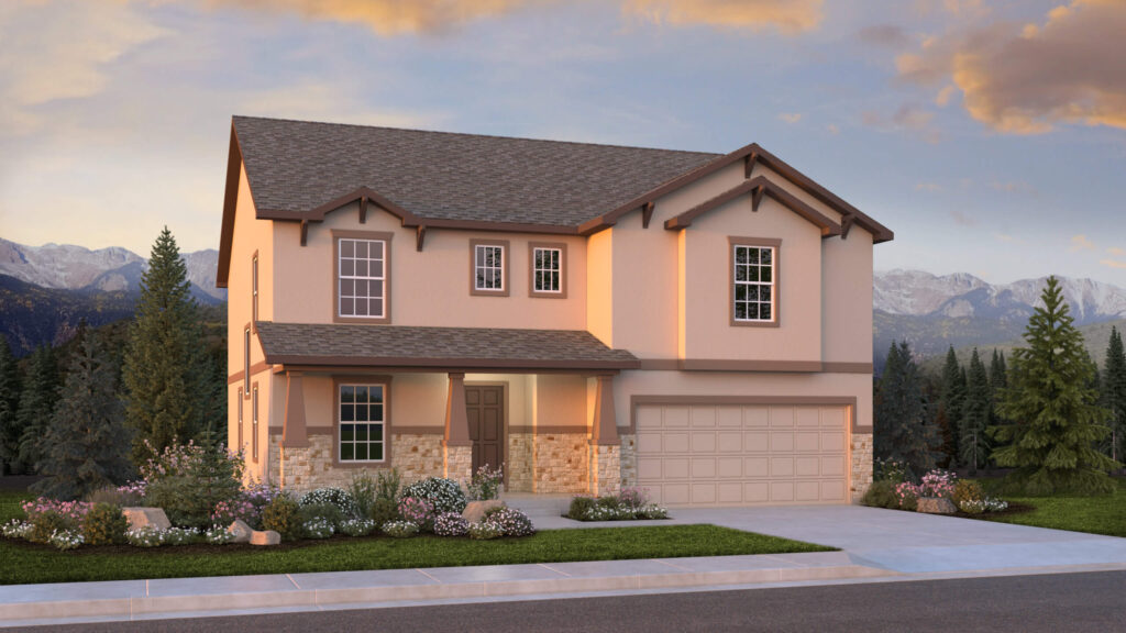 Two-story tan house with stone porch bases, gabled rooflines, and landscaped front yard at sunset.