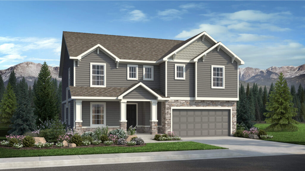 Two-story gray-blue house with covered porch, stone accents, and attached two-car garage under clear sky.