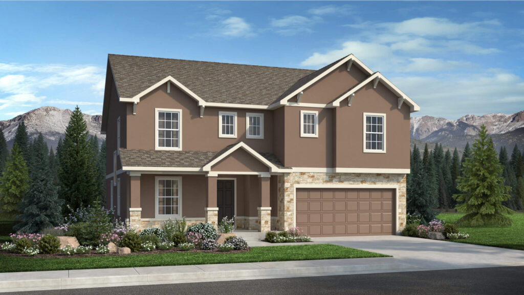Two-story brown house with attached two-car garage and landscaped front yard beneath blue sky.