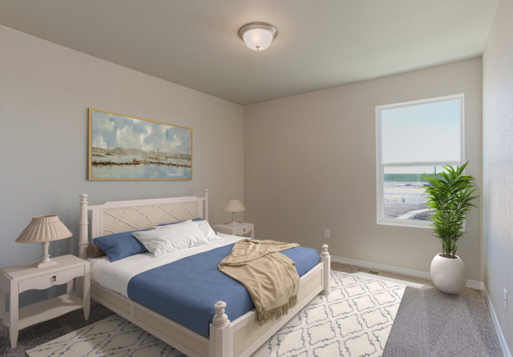 Staged bedroom with white wooden bed, blue bedding, nightstands, rug, and potted plant by window.