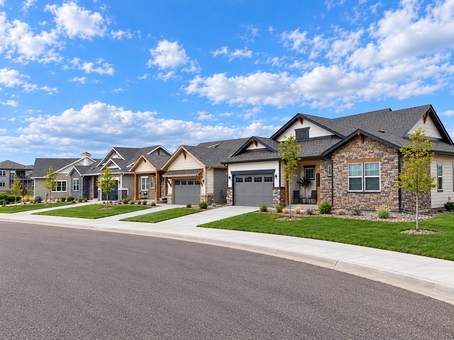 Single-story and ranch-style homes with garages and well-kept lawns along a curved street.