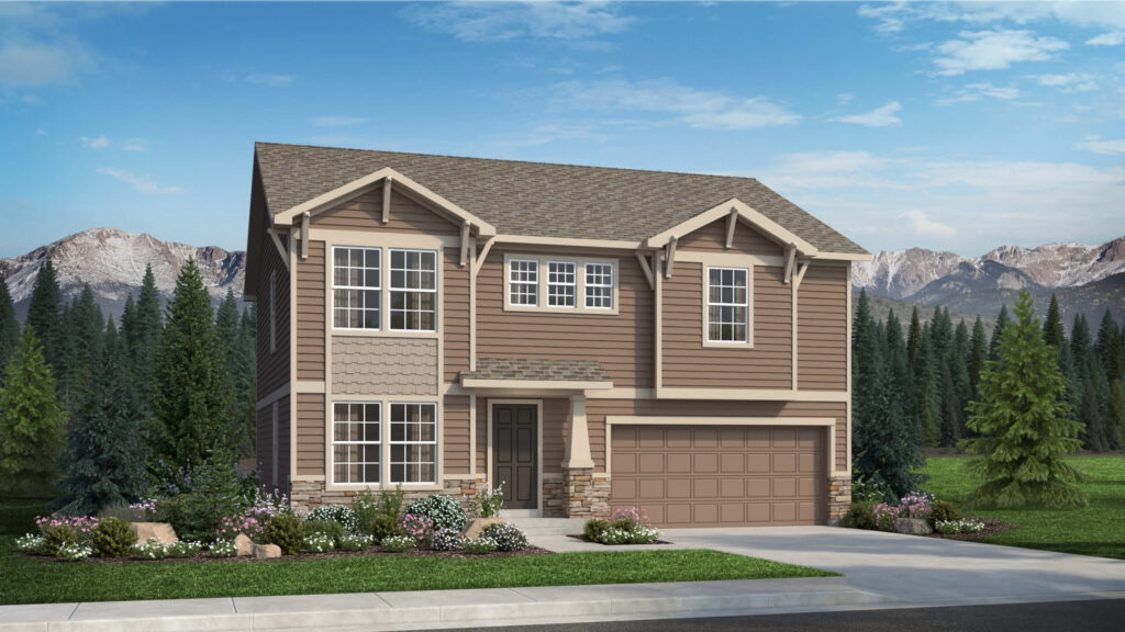 Two-story suburban house rendering with brown siding, double garage, and landscaped front yard.