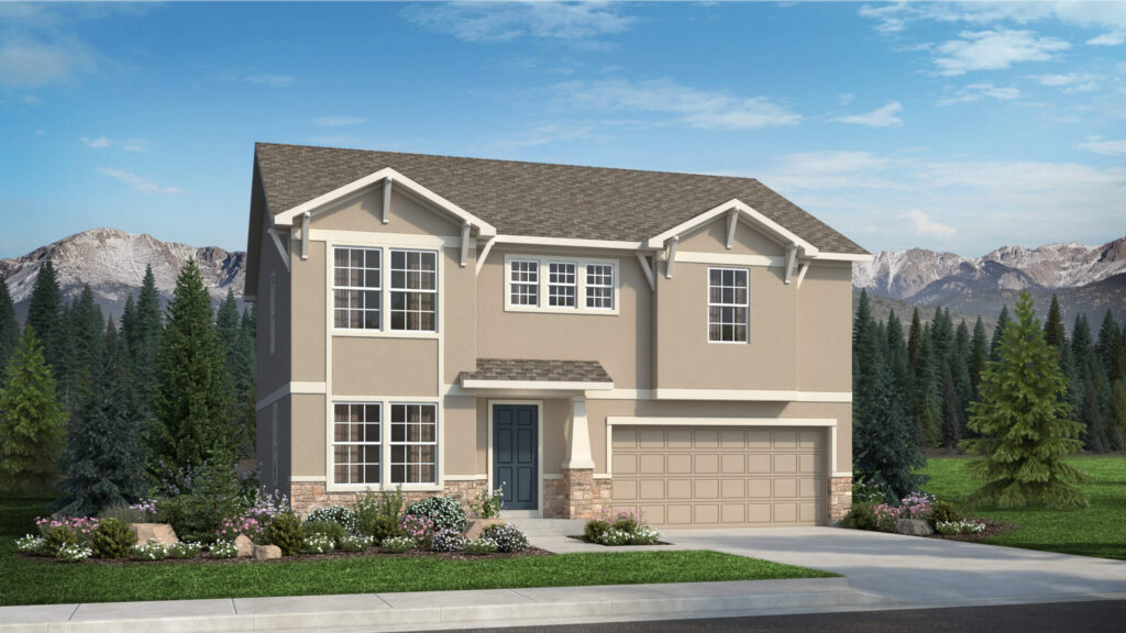 Two-story beige house rendering with double garage, front entry, and landscaped lawn.