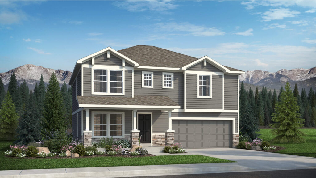 Two-story gray-sided house rendering with covered front porch, stone column bases, and garage.