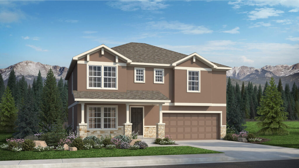 Two-story tan house rendering with covered porch, stone accents, and double garage.