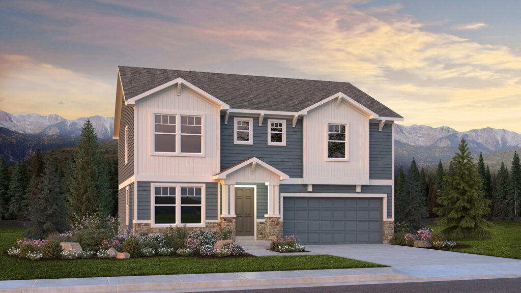 Two-story blue and white house with covered entry, double garage, and landscaped front yard.
