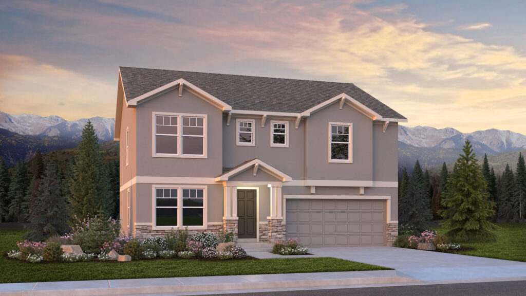 Two-story gray house with front porch, double garage, and landscaped front yard at sunset.