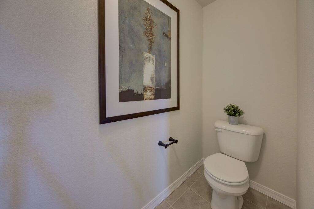 Small powder room with white toilet, framed artwork, and empty toilet-paper holder on wall.