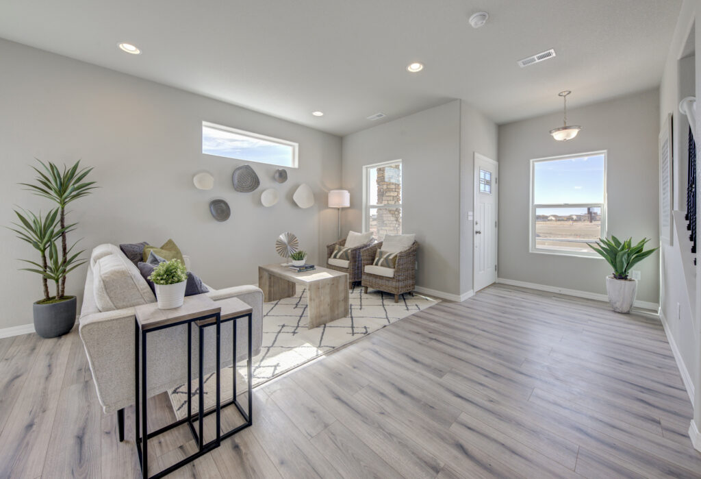 Open living room view with sofa, indoor plants, wood coffee table and visible entryway window.
