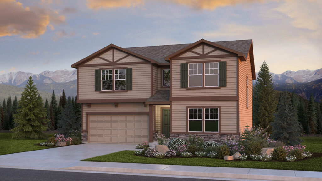 Two-story architectural rendering of a suburban house with double garage and mountain backdrop.
