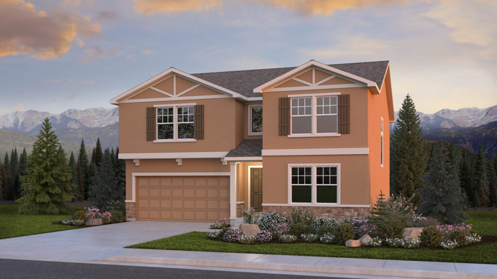 Two-story exterior rendering of a tan house with double garage and landscaped front yard.